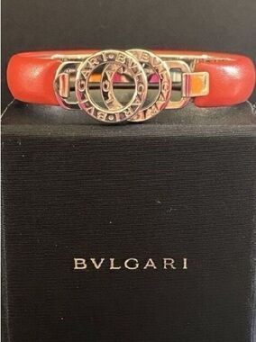 🛍️Bvlgari Authentic Bvlgari Red Leather Bracelet with Silver Logo Detail